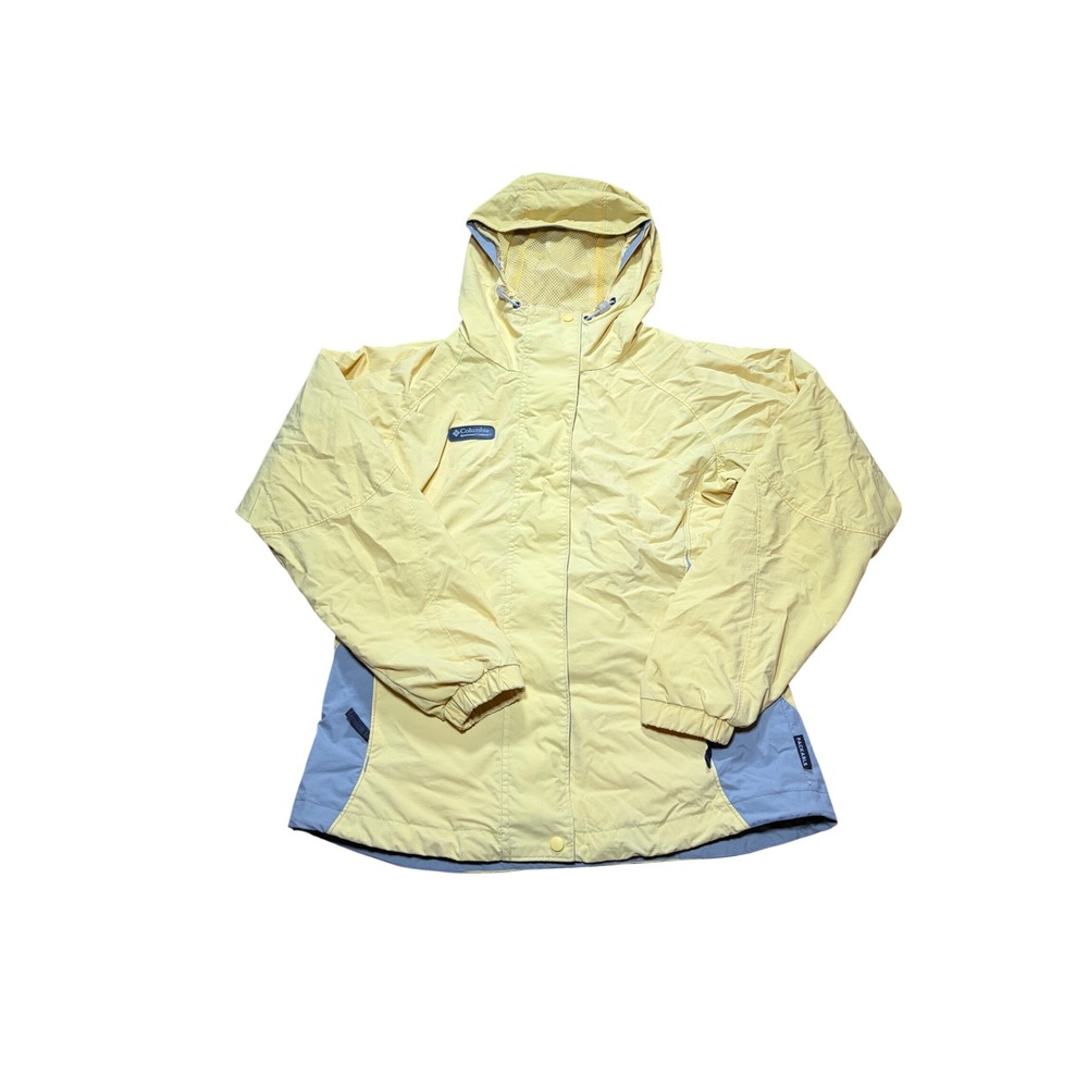 Columbia Packable Windbreaker Jacket Womens Small Yellow Grey Hooded Mesh Lined